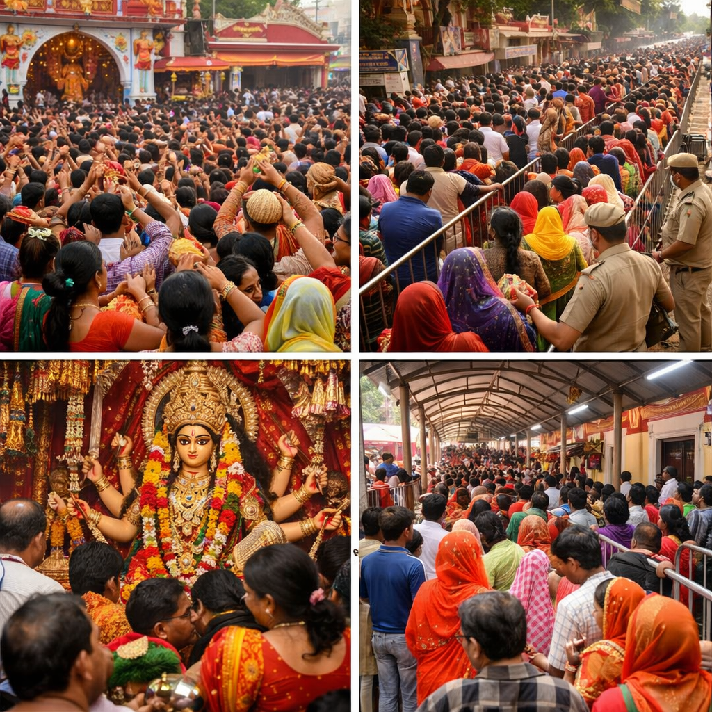 नवरात्रि के दौरान यूपी के देवी मंदिर में दर्शन के लिए उमड़ी भक्तों की भारी भीड़