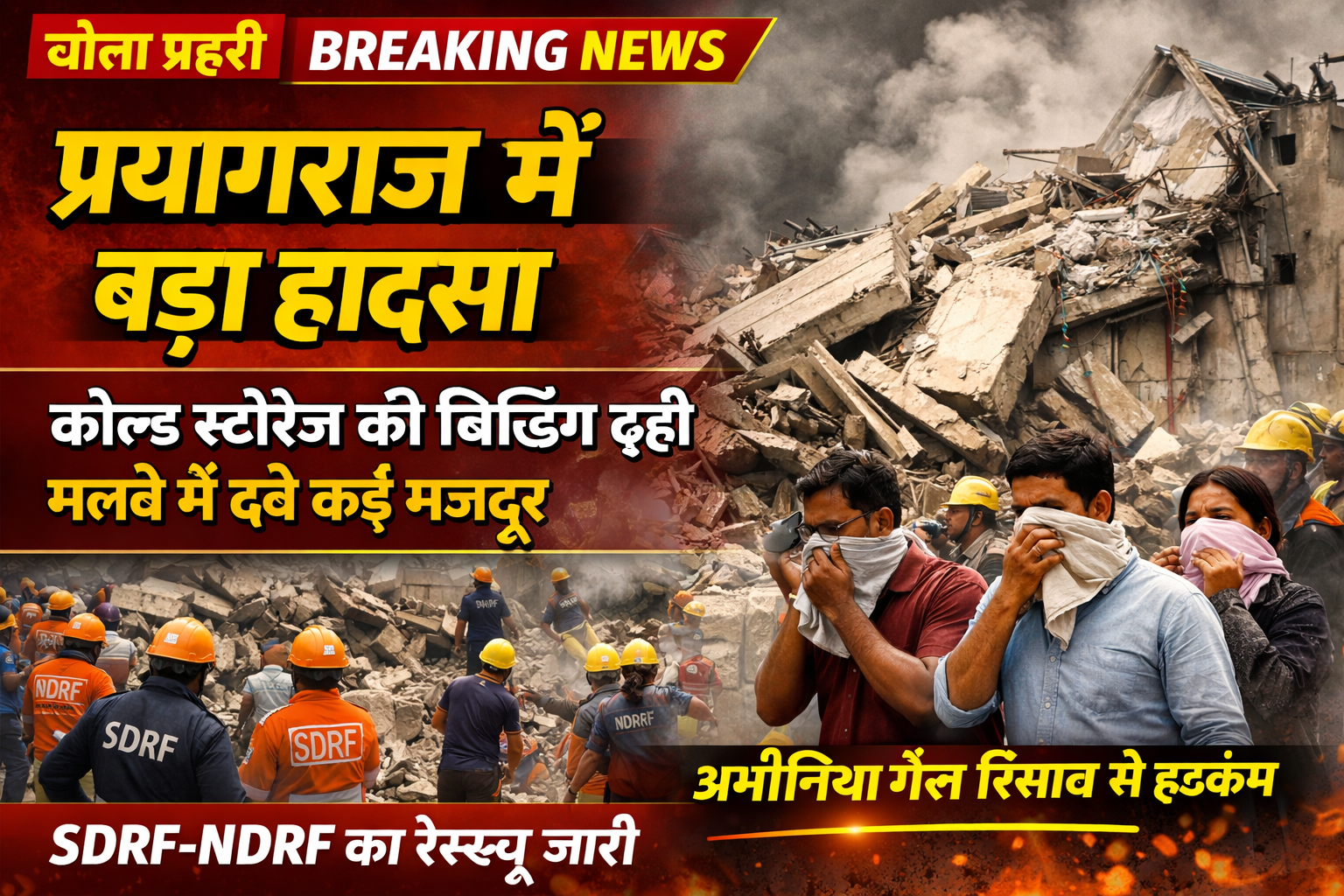 प्रयागराज में कोल्ड स्टोरेज हादसे के बाद मलबे में चल रहा रेस्क्यू ऑपरेशन