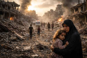 युद्ध के बाद तबाह शहर में मलबे के बीच महिला और बच्चा