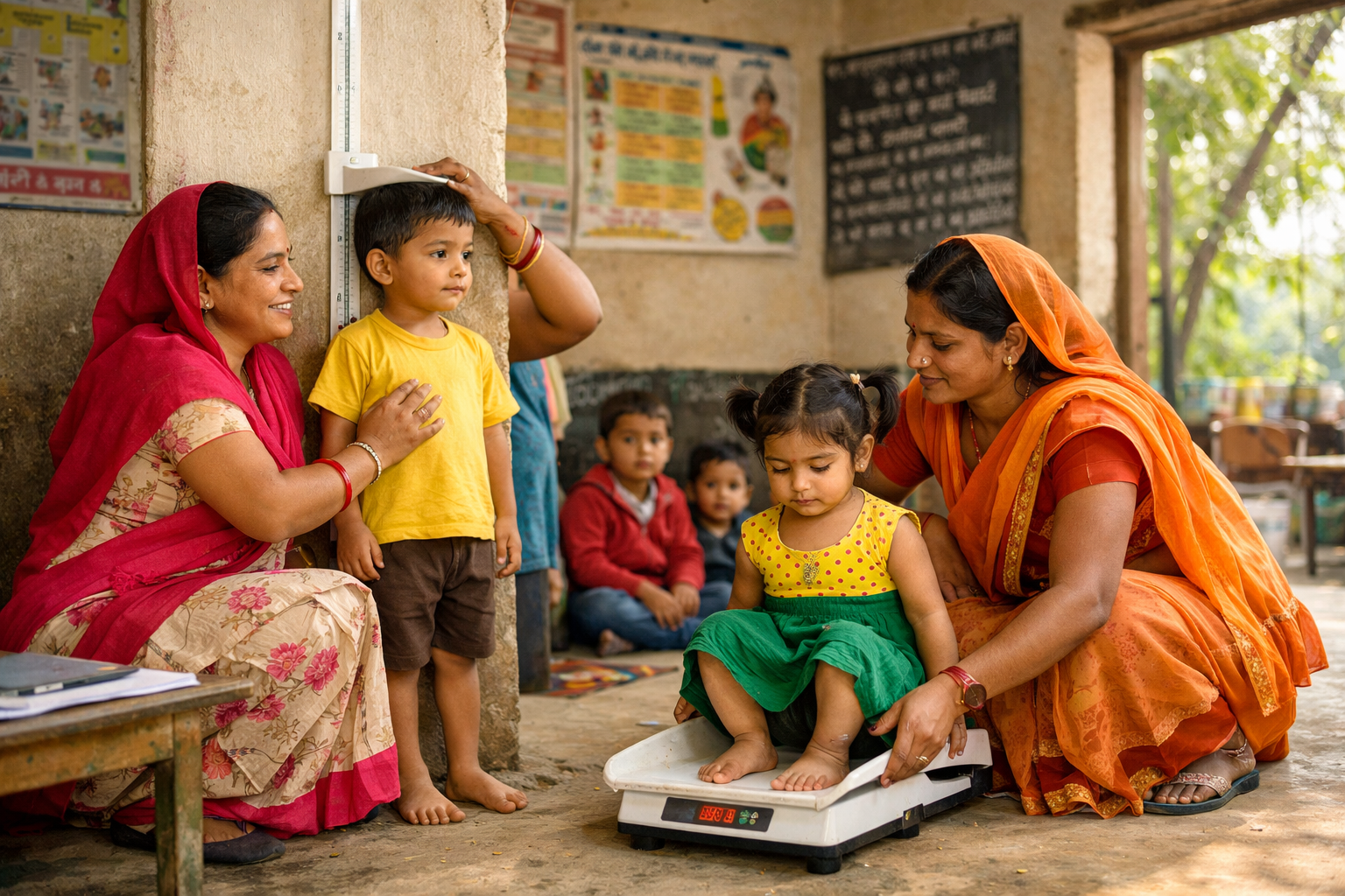 आंगनबाड़ी केंद्र में बच्चों का पोषण परीक्षण करते हुए कार्यकर्ता