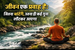 प्रकृति के बीच बहती नदी जीवन के प्रवाह और कर्म सिद्धांत को दर्शाती हुई