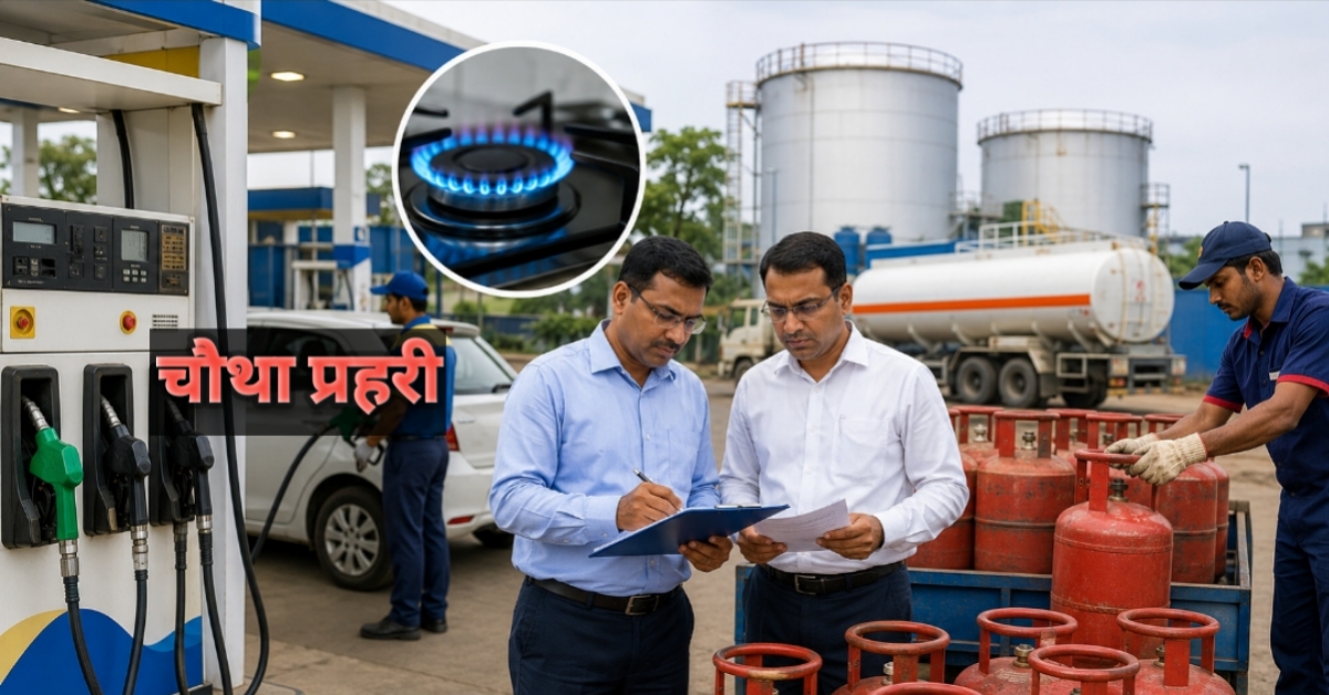 पेट्रोलियम कंपनियों के अधिकारियों द्वारा पेट्रोलियम पदार्थों की जांच करते हुए प्रतीकात्मक दृश्य 