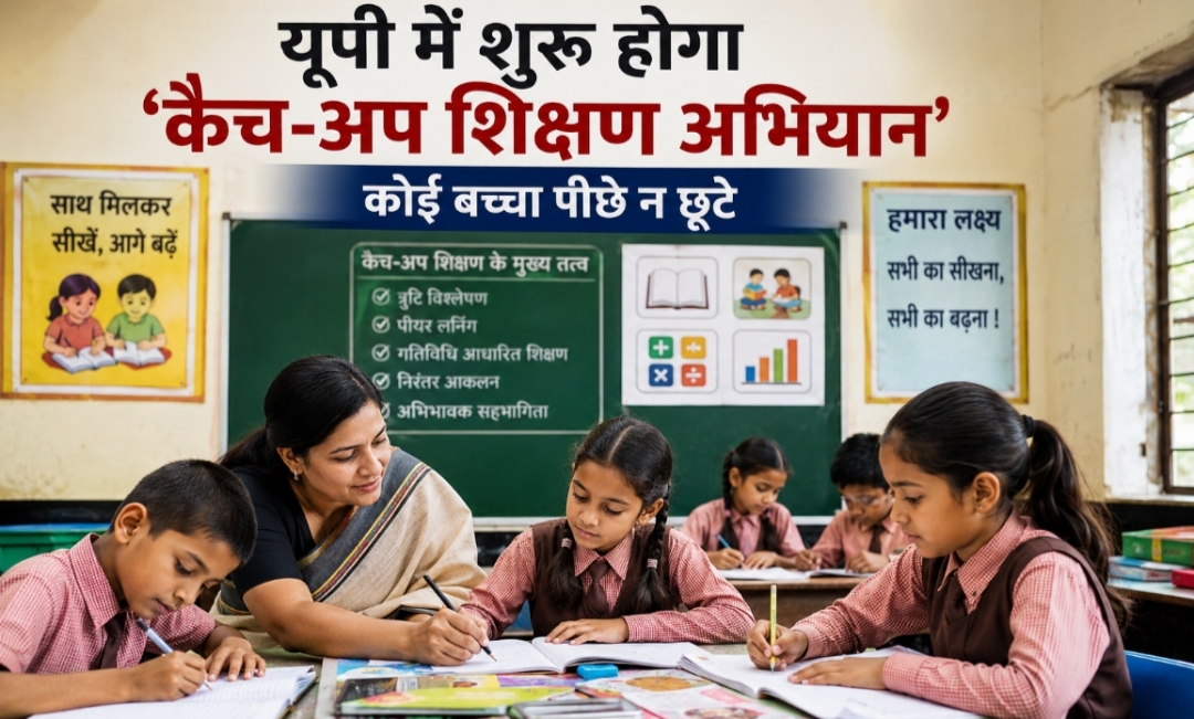 कक्षा में विद्यार्थियों को पढ़ाते शिक्षक और कैच-अप शिक्षण गतिविधि में शामिल बच्चे का सांकेतिक दृश्य 