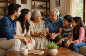 परिवार के सदस्य आपस में बातचीत करते हुए,रिश्तों और पारिवारिक जुड़ाव का प्रतीकात्मक दृश्य 
 