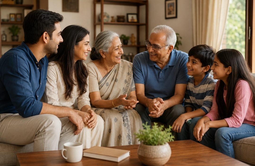 परिवार के सदस्य आपस में बातचीत करते हुए,रिश्तों और पारिवारिक जुड़ाव का प्रतीकात्मक दृश्य