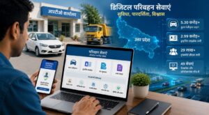 ऑनलाइन परिवहन सेवाओं का उपयोग करते नागरिक और डिजिटल गवर्नेंस को दर्शाता प्रतीकात्मक दृश्य