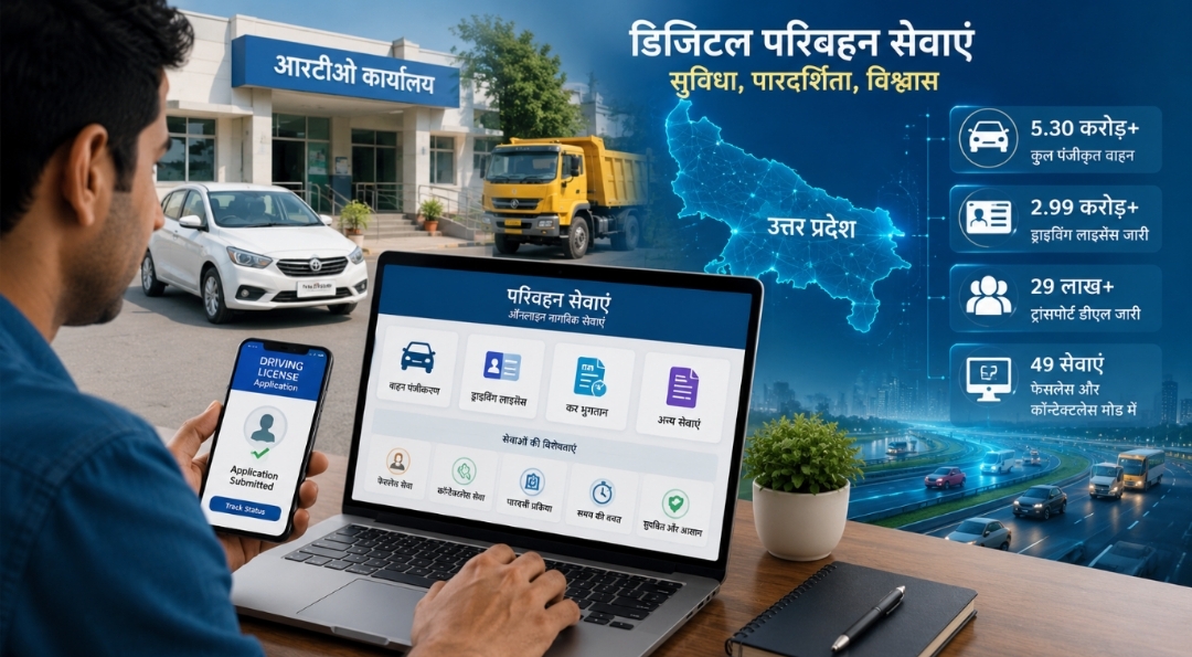 ऑनलाइन परिवहन सेवाओं का उपयोग करते नागरिक और डिजिटल गवर्नेंस को दर्शाता प्रतीकात्मक दृश्य