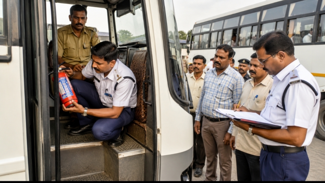 बस में अग्निशमन यंत्र की जांच करते परिवहन विभाग के अधिकारी की प्रतीकात्मक चित्र