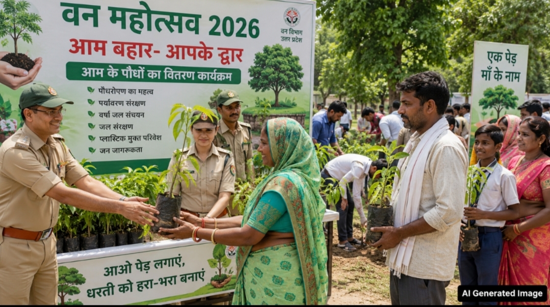उत्तर प्रदेश में वन महोत्सव 2026 के आम के पौधों का वितरण करते वन विभाग के अधिकारी और पौधे लेते नागरिक की एआई जेनरेटेड तस्वीर