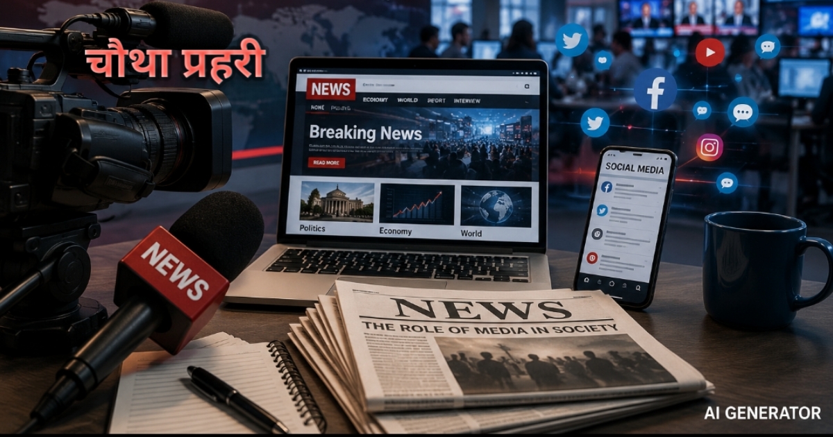 न्यूज़रूम और सोशल मीडिया के बीच बदलती पत्रकारिता का एआई जेनरेटेड प्रतीकात्मक दृश्य"