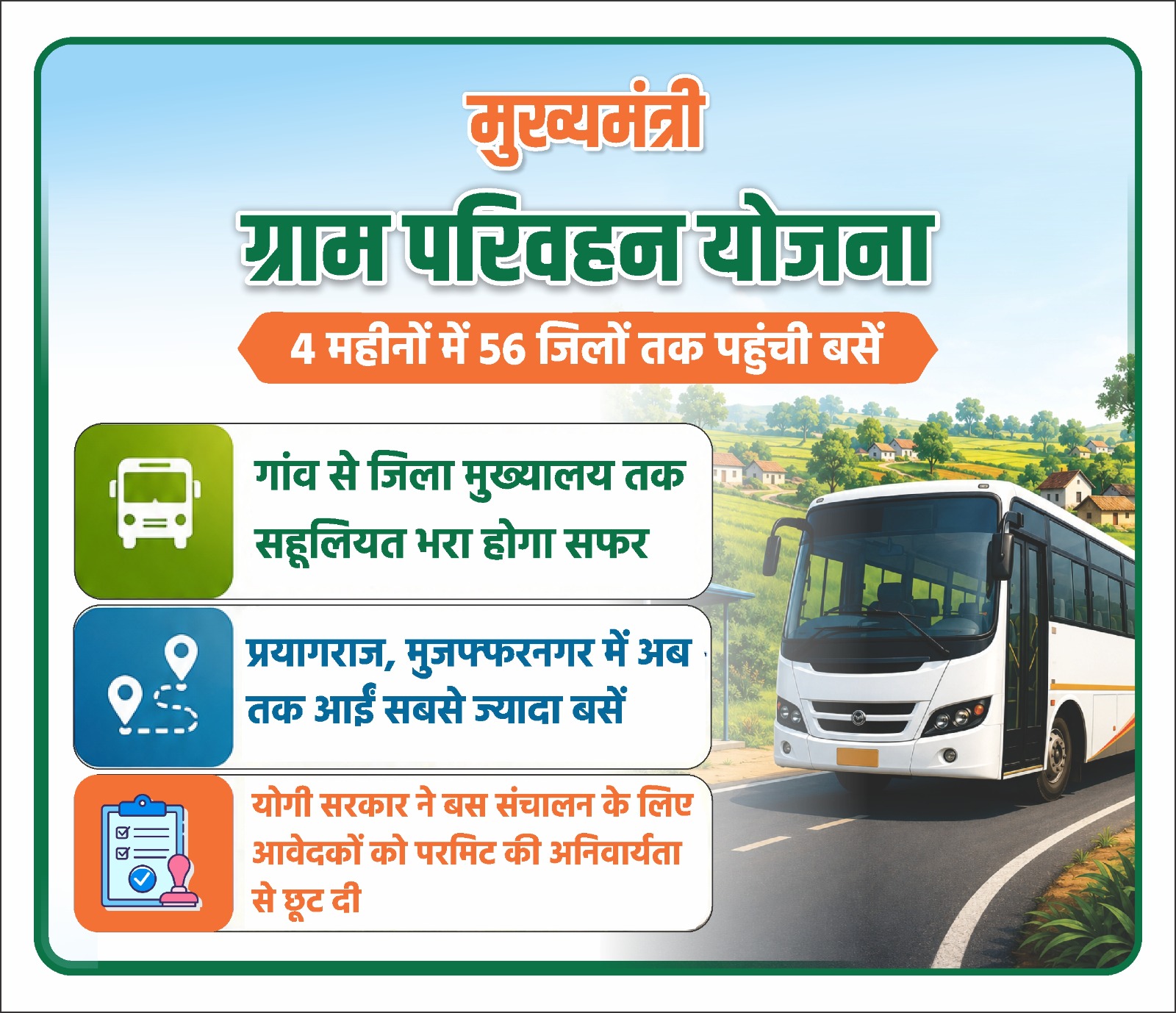 मुख्यमंत्री ग्राम परिवहन योजना के तहत उत्तर प्रदेश के ग्रामीण मार्ग पर चलती बस प्रतीकात्मक दृश्य