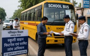 लखनऊ में स्कूली बसों की परिवहन विभाग द्वारा फिटनेस और परमिट जांच का सांकेतिक दृश्य (AI Generated Image)