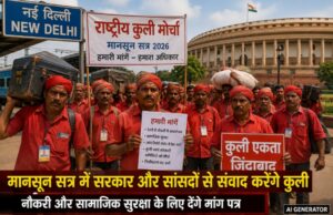 दिल्ली की ओर जाते लाल वर्दी पहने रेलवे कुलियों का समूह,संसद भवन और रेलवे स्टेशन का प्रतीकात्मक दृश्य। 