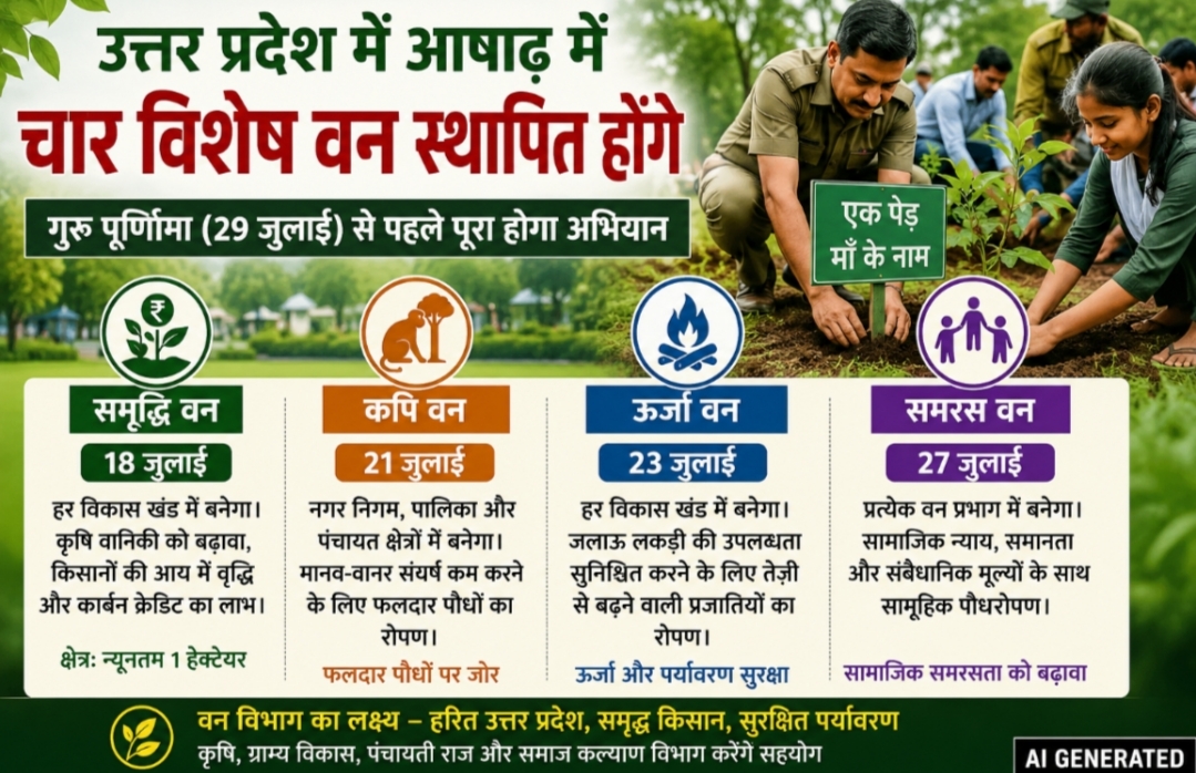 उत्तर प्रदेश में विशेष वन अभियान के तहत पौधरोपण करते लोग एआई जेनरेटेड प्रतीकात्मक दृश्य